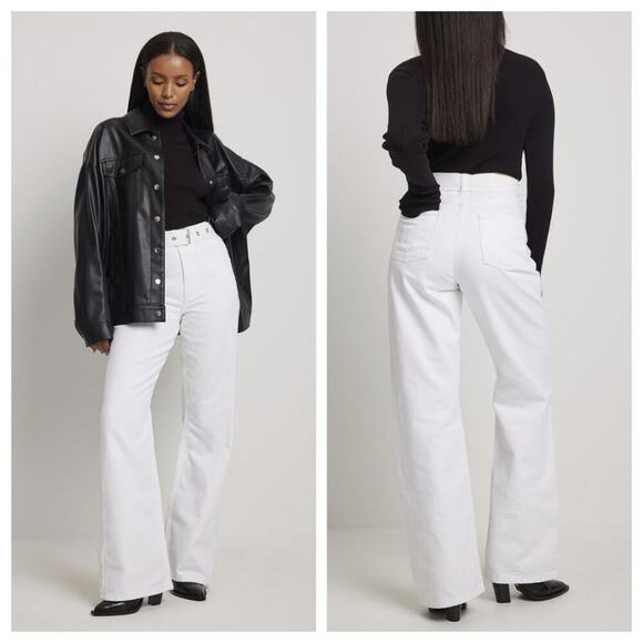 NWT NA-KD Women's Belted Denim Flare Jean Off White Size EU34/US4 - Picture 1 of 10